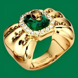 Kurt Geiger Bow Ring Green Crystal Center w/mini Bird Head/wideGold Band NWT&Box